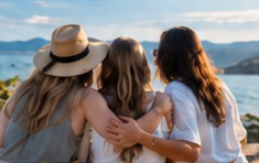 Friends embracing beside the water