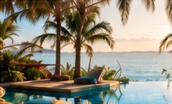 A peaceful coastal retreat with palms and a pool