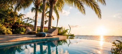 A tranquil pool overlooking the sea at sunset
